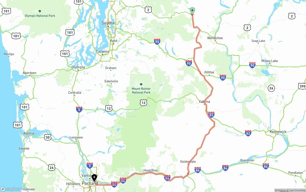 Shipping route from Washington to Port of Portland