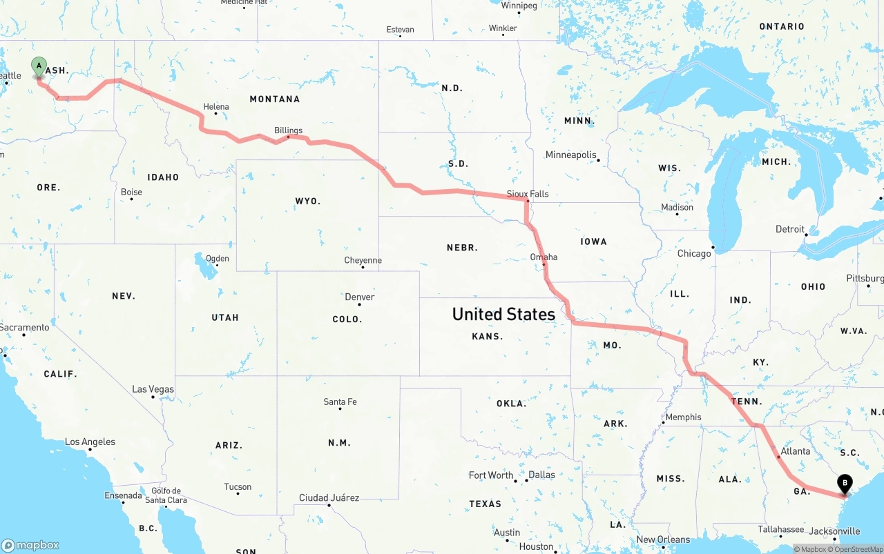 Shipping route from Washington to Port of Savannah