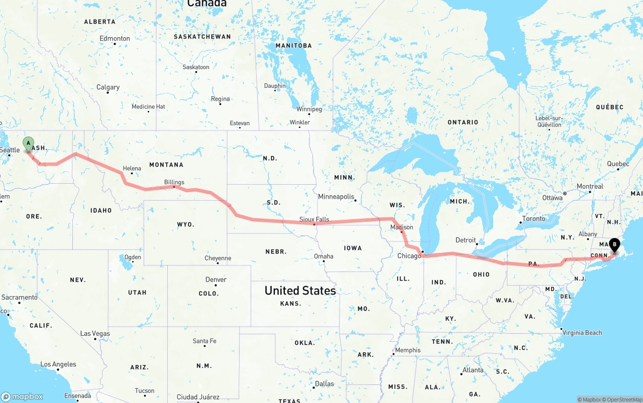 Shipping route from Washington to Rhode Island