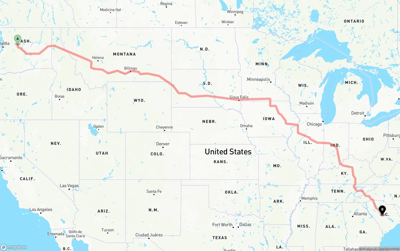 Shipping route from Washington to South Carolina