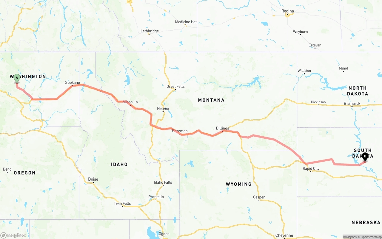 Shipping route from Washington to South Dakota