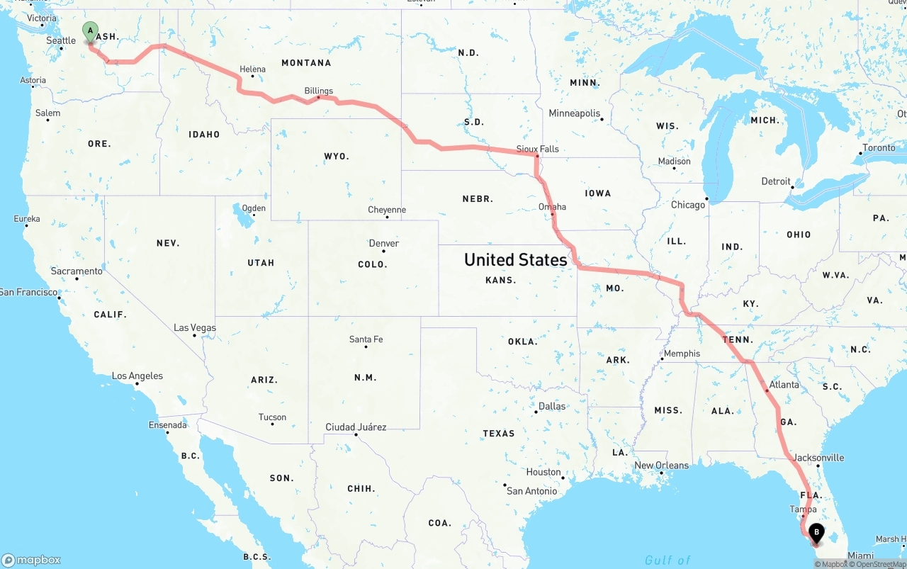 Shipping route from Washington to Southwest Florida International Airport