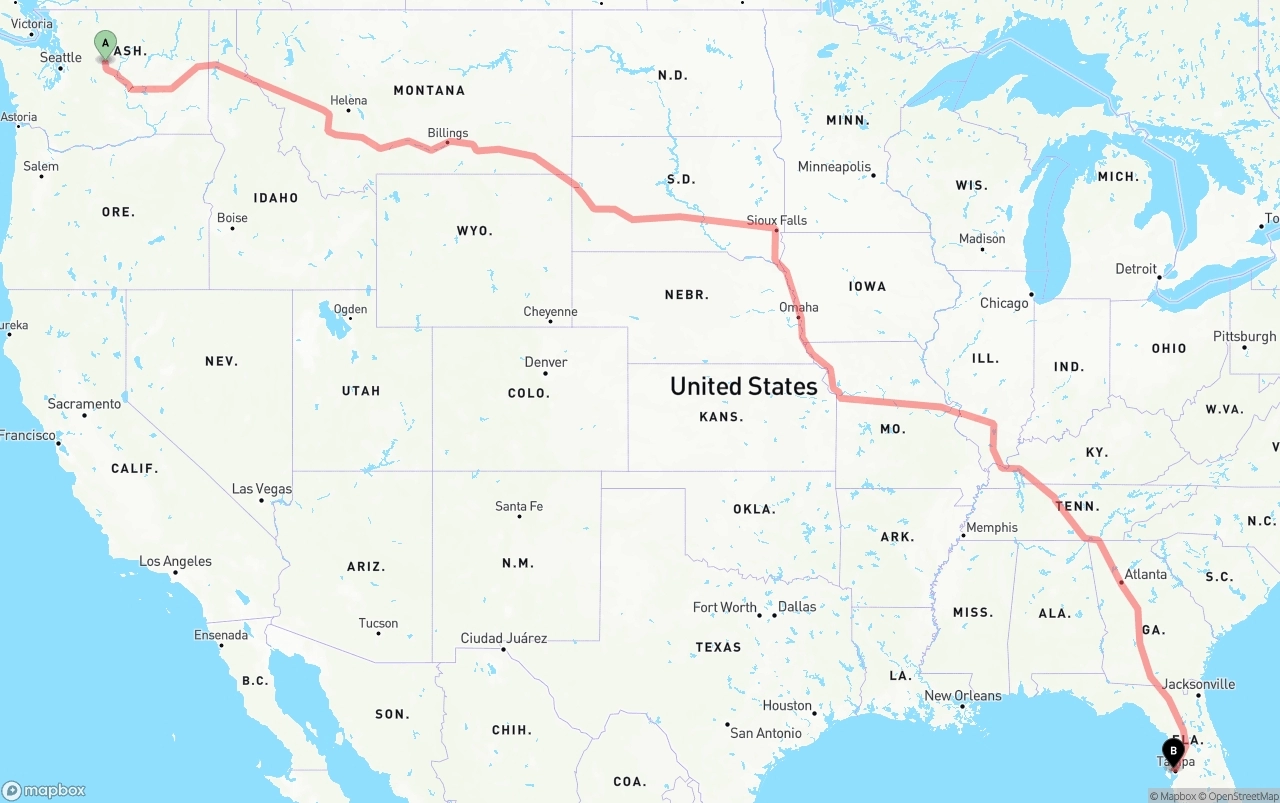 Shipping route from Washington to Tampa International Airport