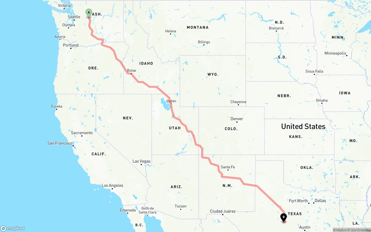 Shipping route from Washington to Texas