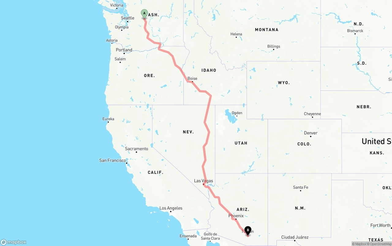 Shipping route from Washington to Tucson International Airport