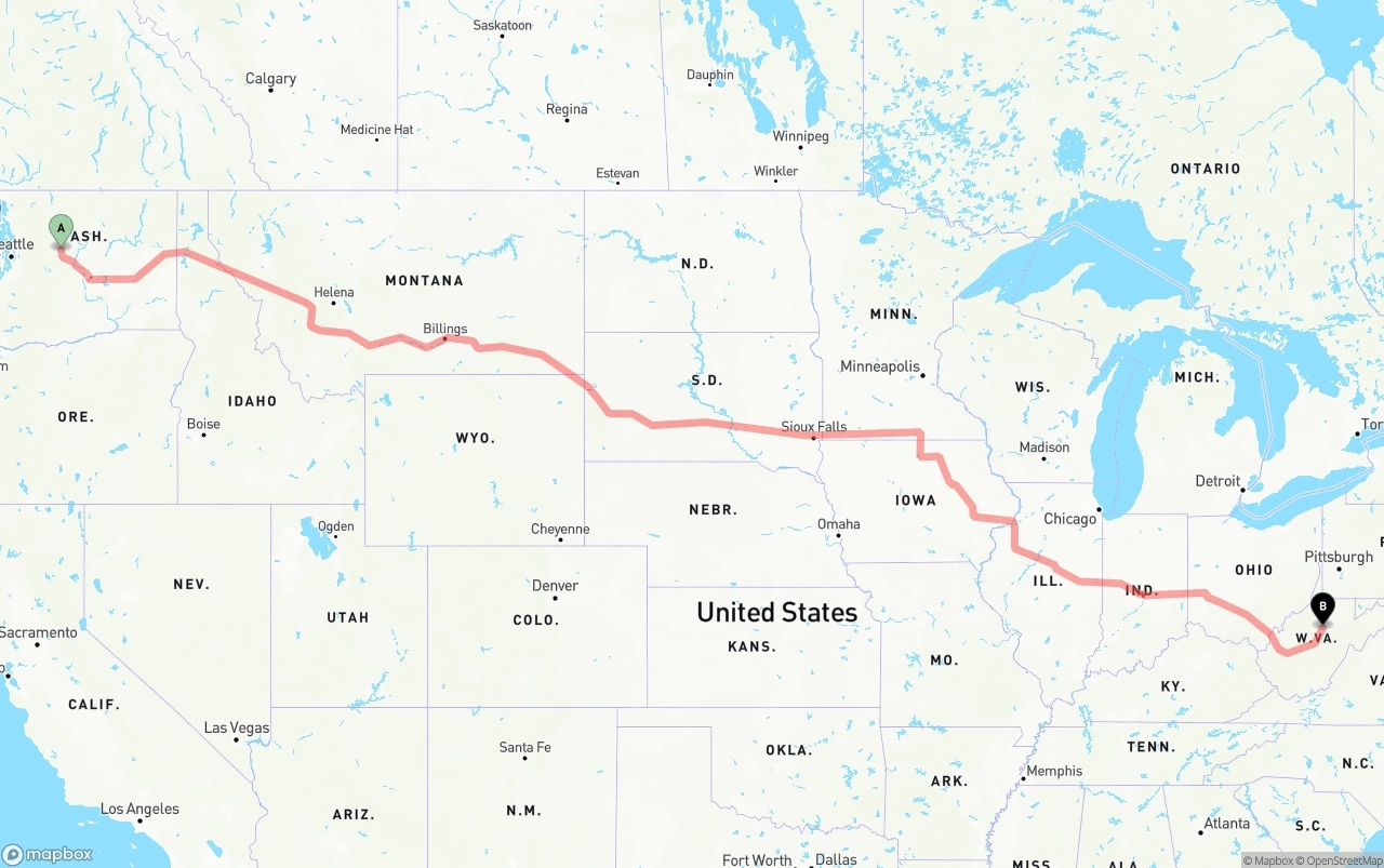 Shipping route from Washington to West Virginia