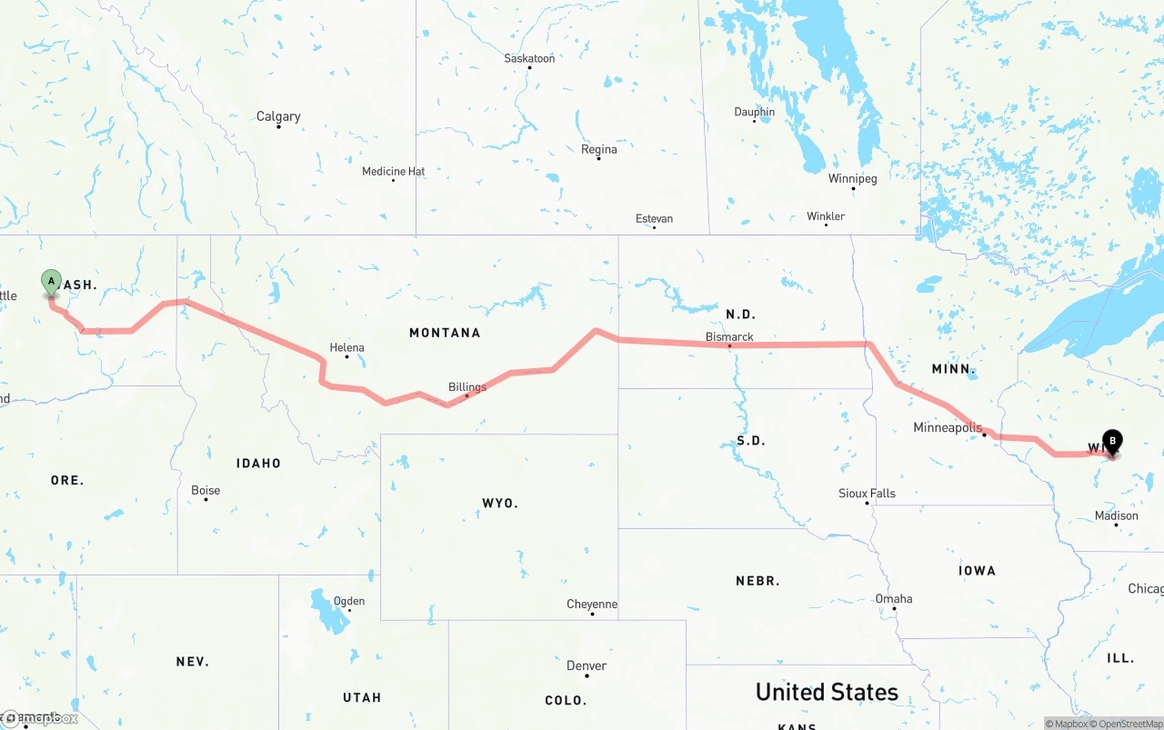 Shipping route from Washington to Wisconsin