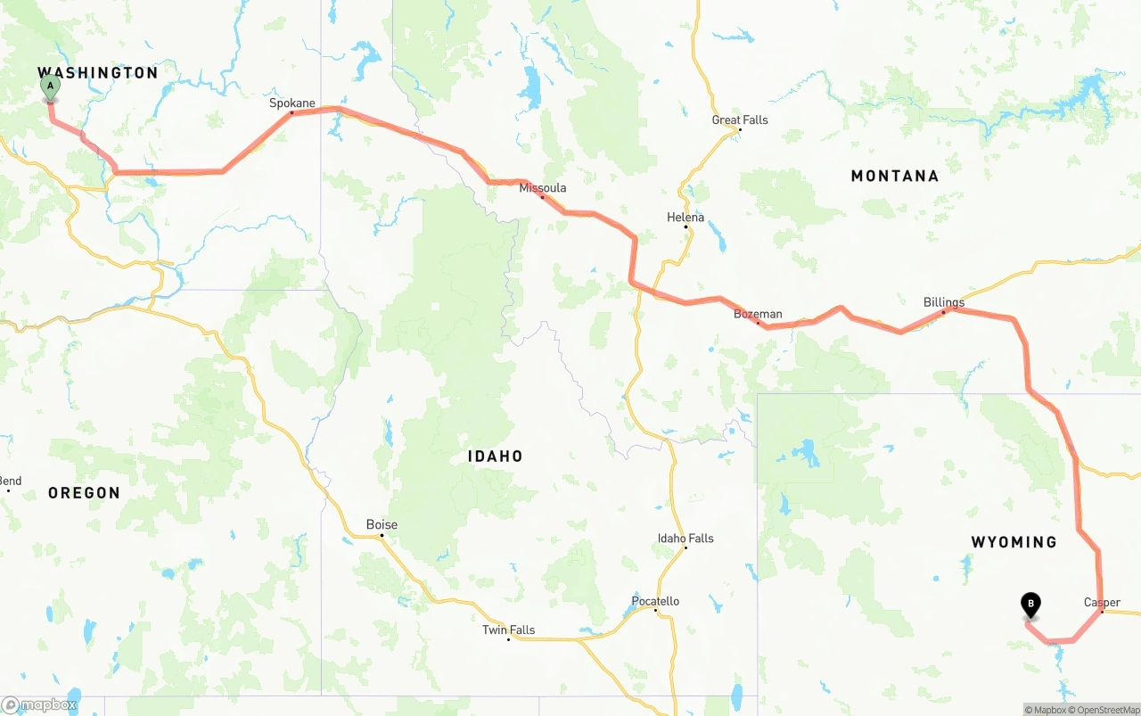 Shipping route from Washington to Wyoming