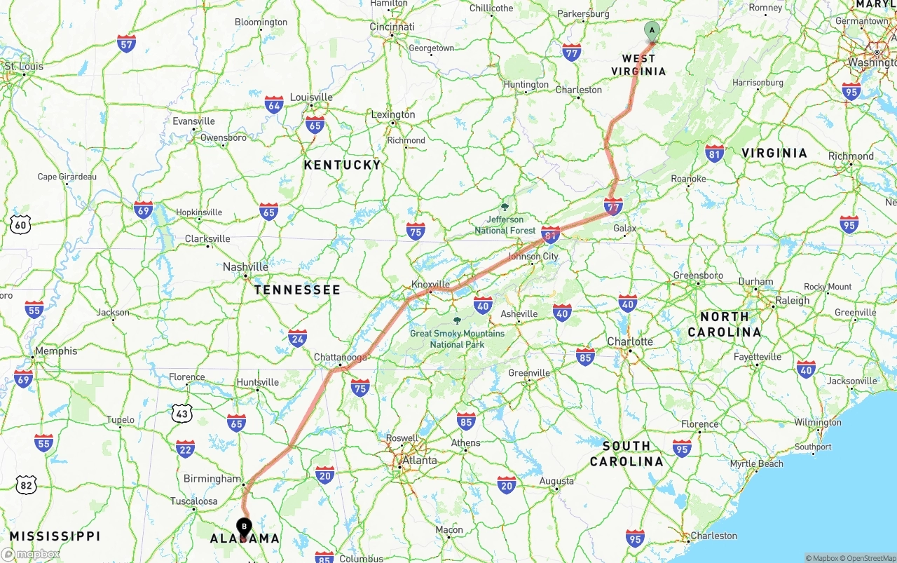 Shipping route from West Virginia to Alabama