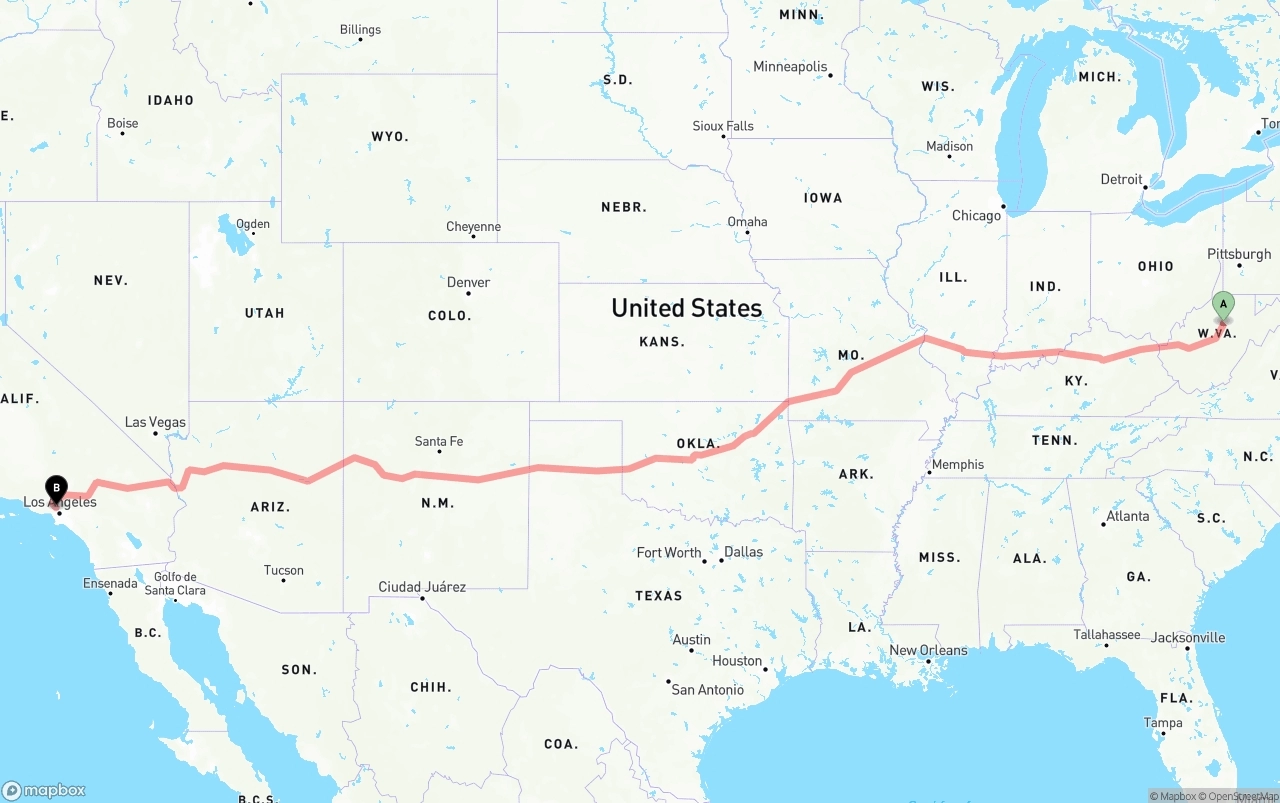 Shipping route from West Virginia to Bob Hope Airport