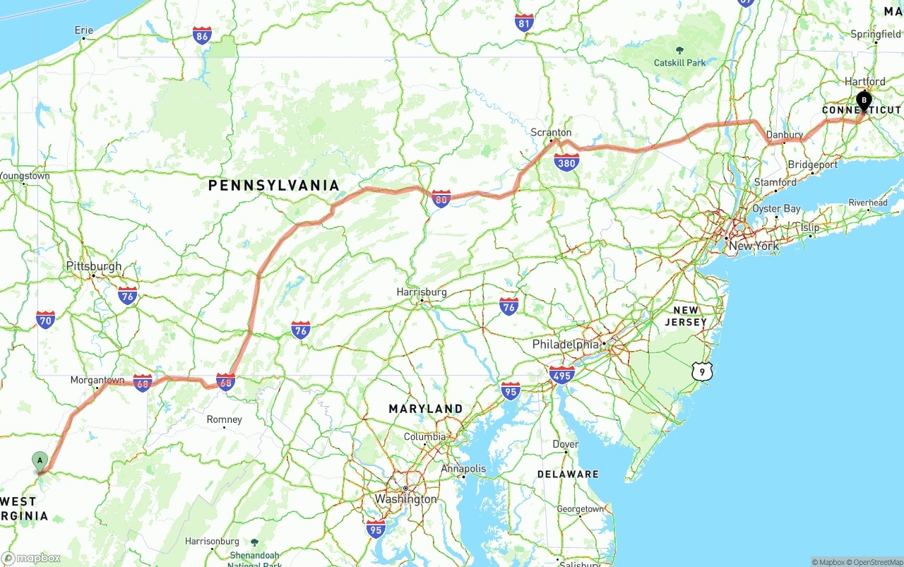 Shipping route from West Virginia to Connecticut
