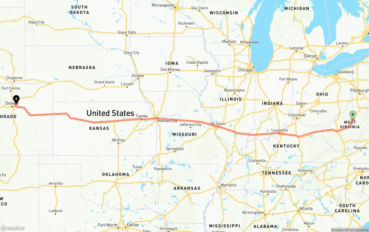Shipping route from West Virginia to Denver International Airport