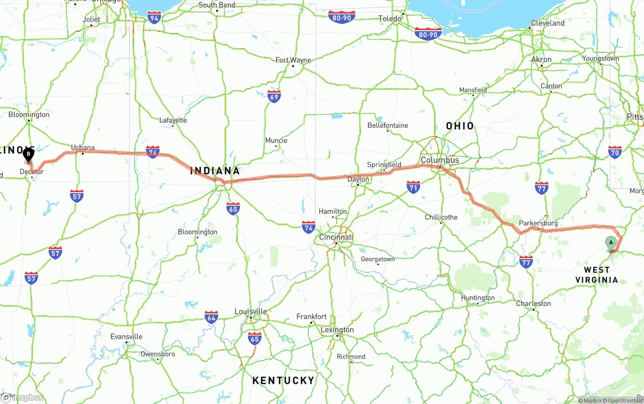 Shipping route from West Virginia to Illinois