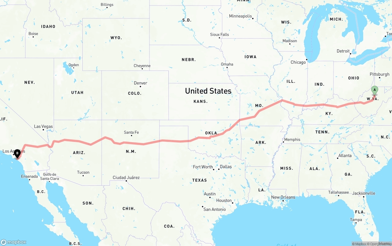 Shipping route from West Virginia to John Wayne Airport — Orange County