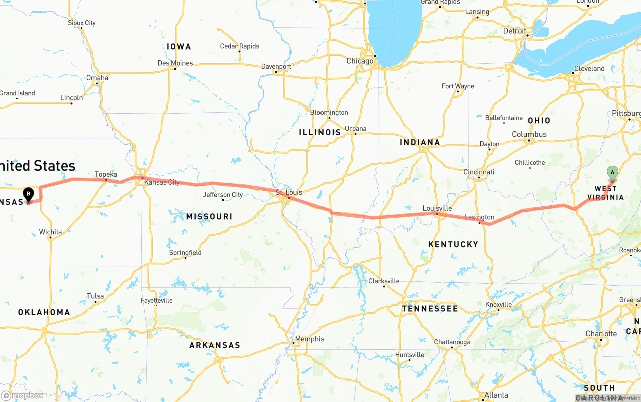 Shipping route from West Virginia to Kansas