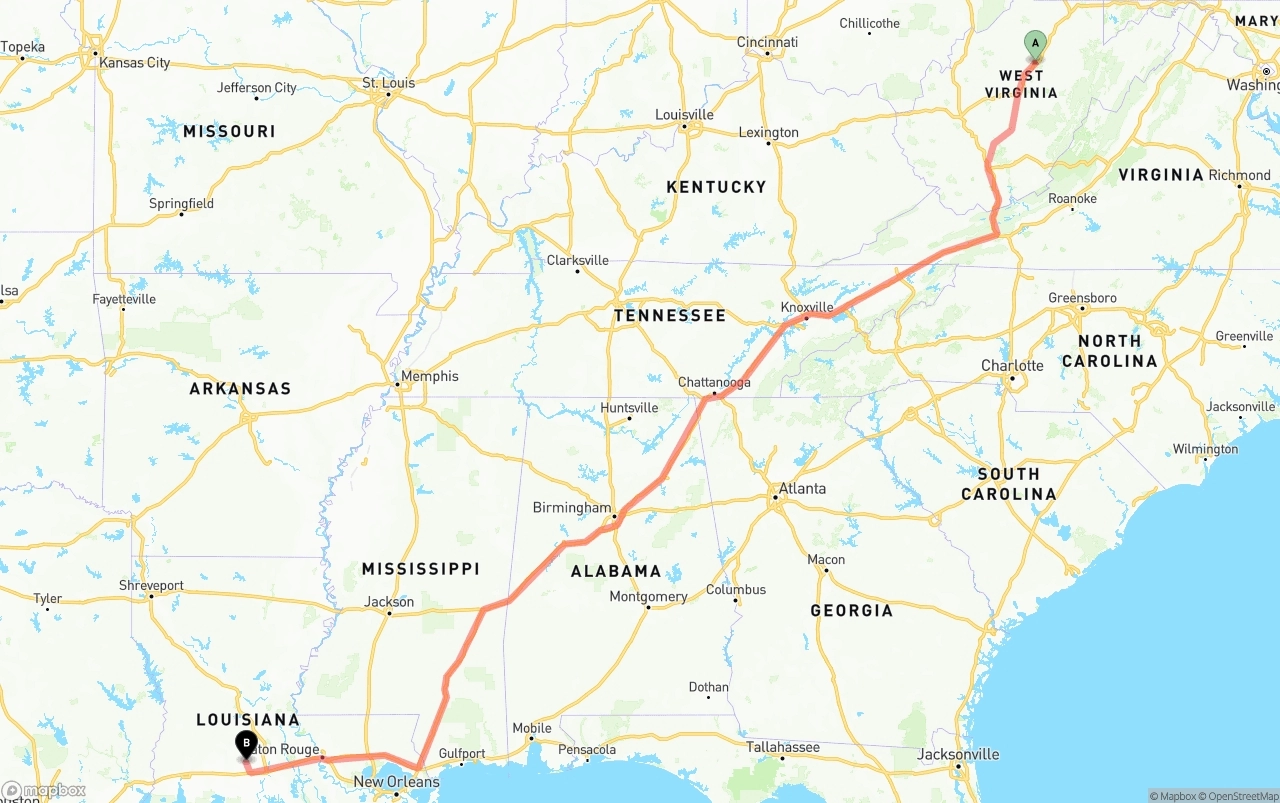 Shipping route from West Virginia to Louisiana