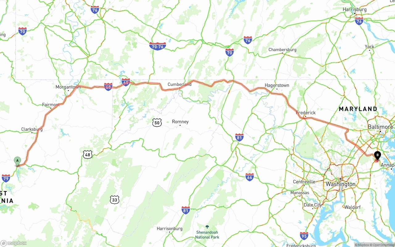 Shipping route from West Virginia to Maryland