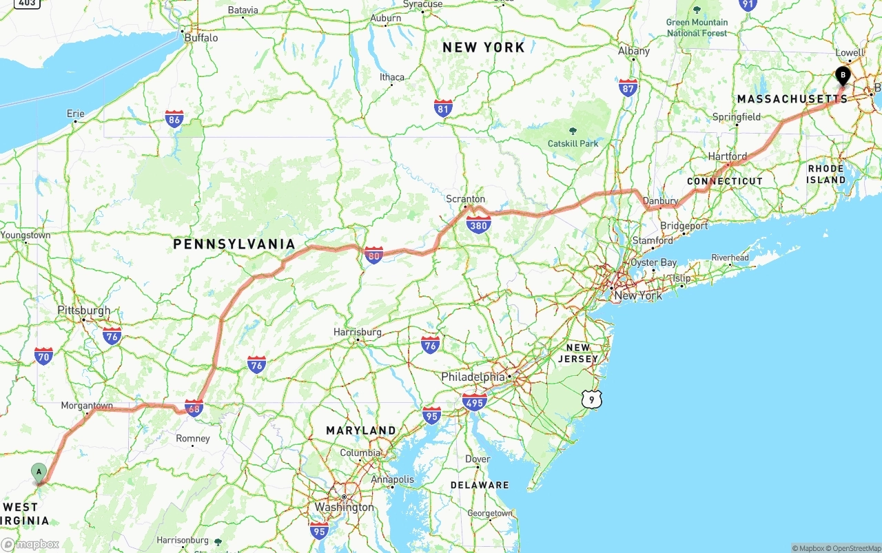 Shipping route from West Virginia to Massachusetts