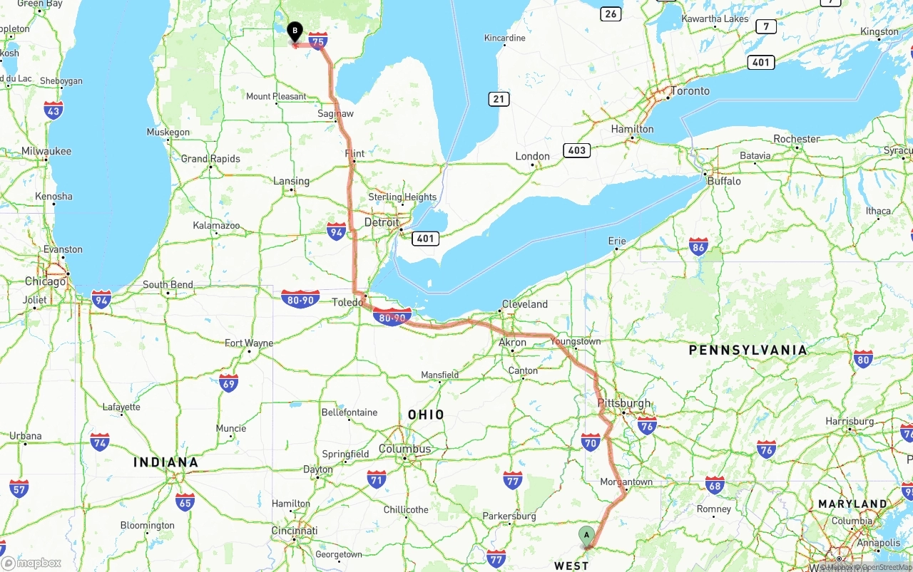 Shipping route from West Virginia to Michigan