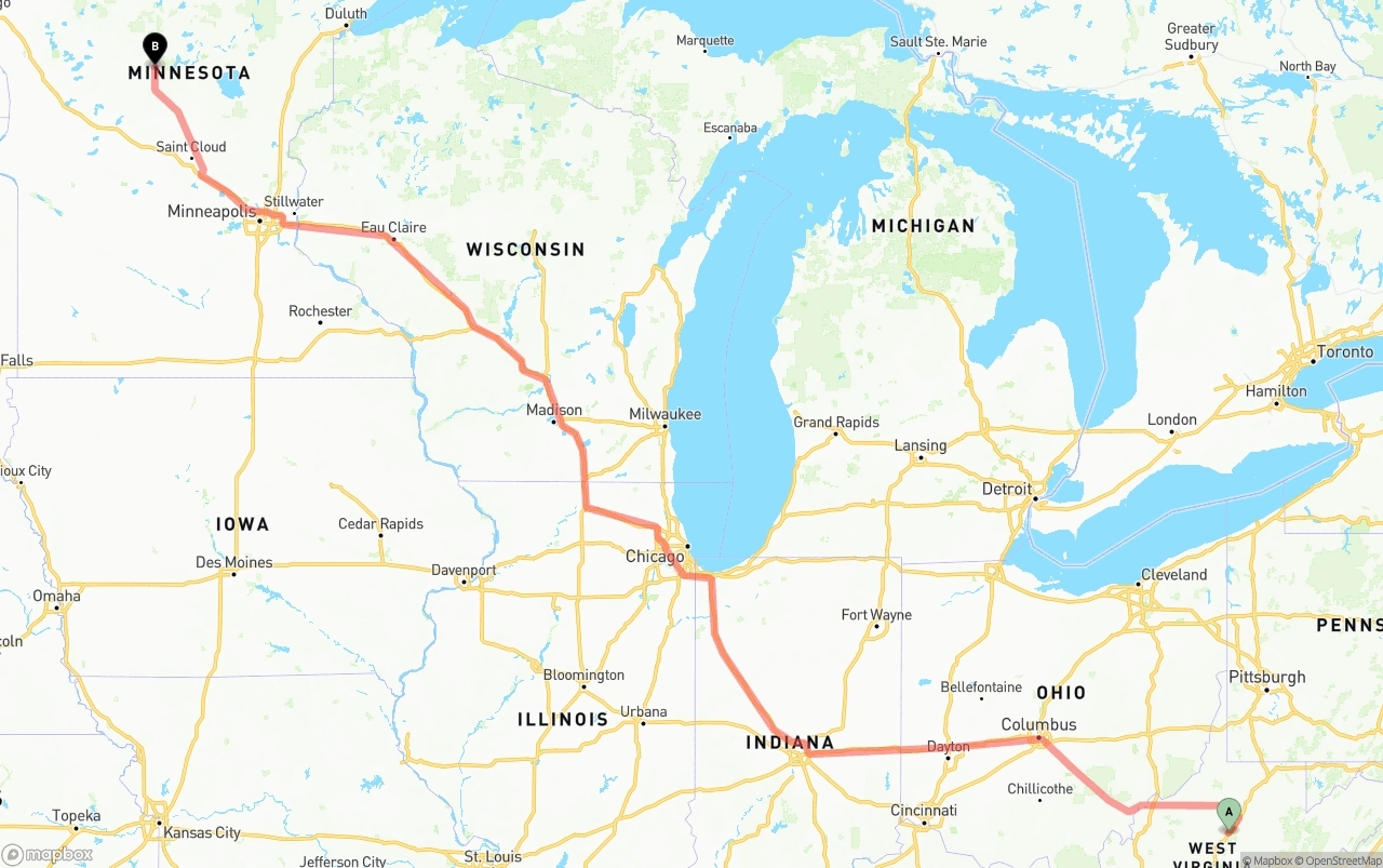 Shipping route from West Virginia to Minnesota