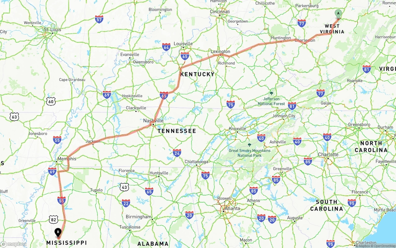 Shipping route from West Virginia to Mississippi