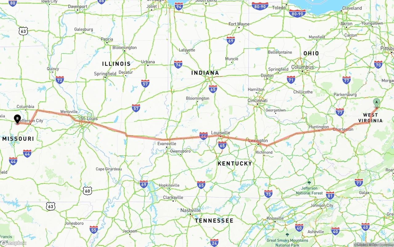 Shipping route from West Virginia to Missouri