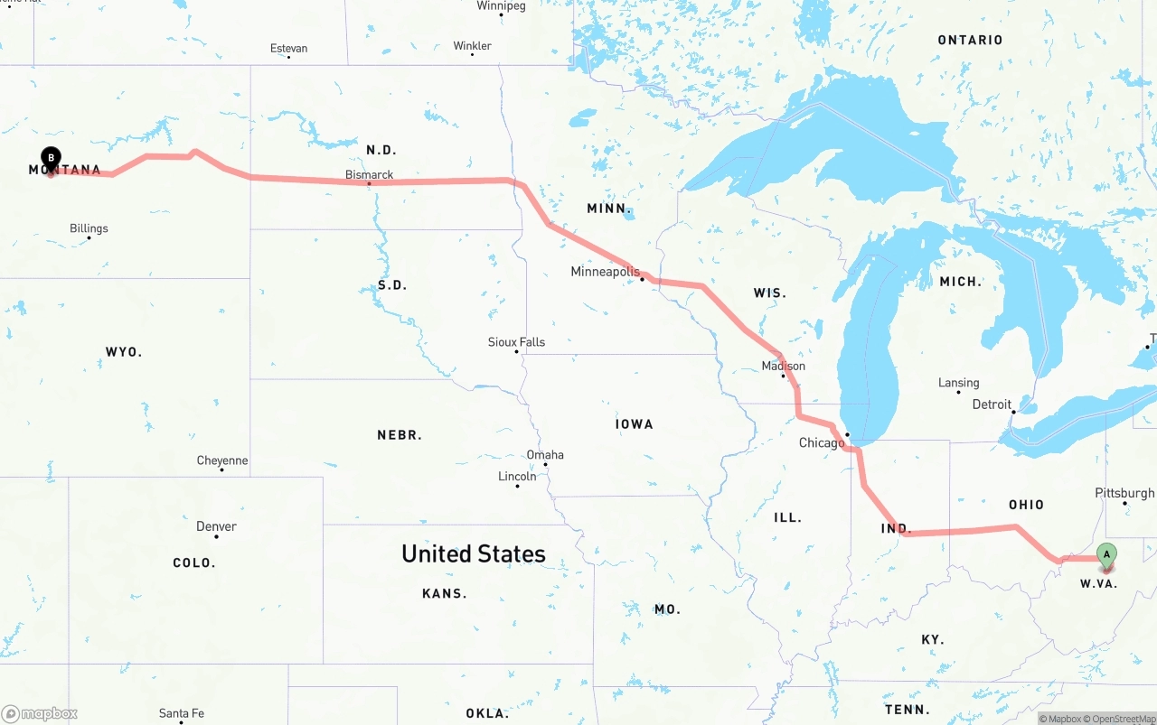 Shipping route from West Virginia to Montana