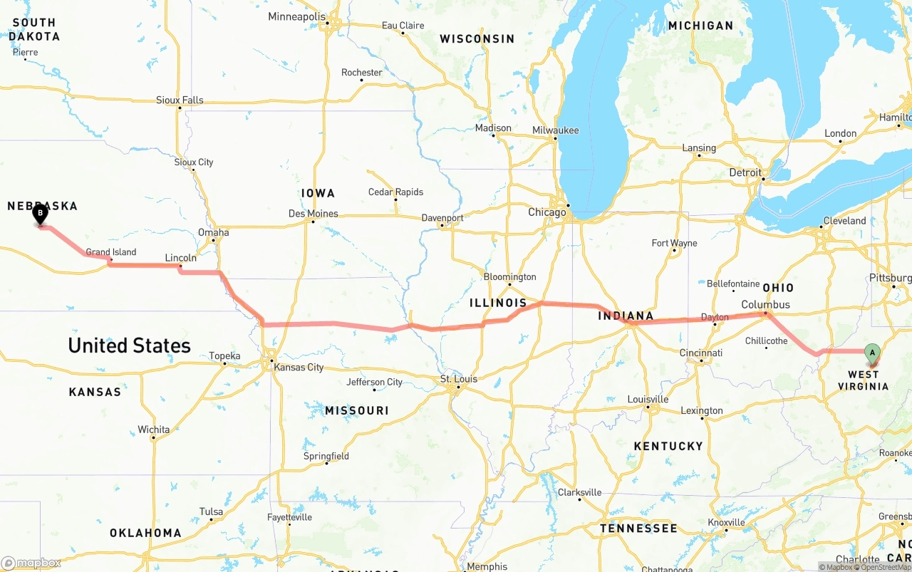 Shipping route from West Virginia to Nebraska