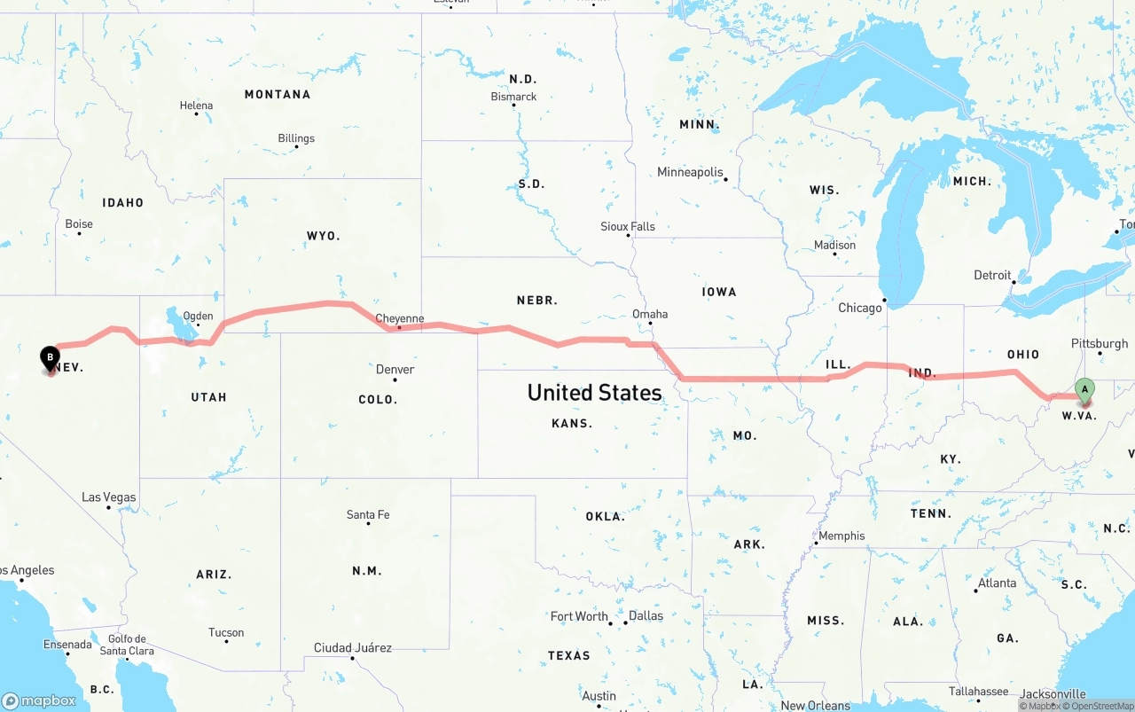 Shipping route from West Virginia to Nevada