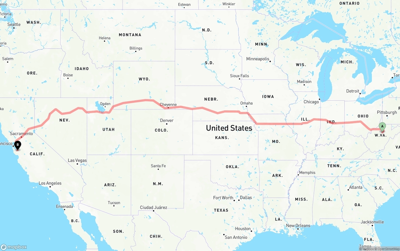 Shipping route from West Virginia to Norman Y. Mineta San Jose International Airport