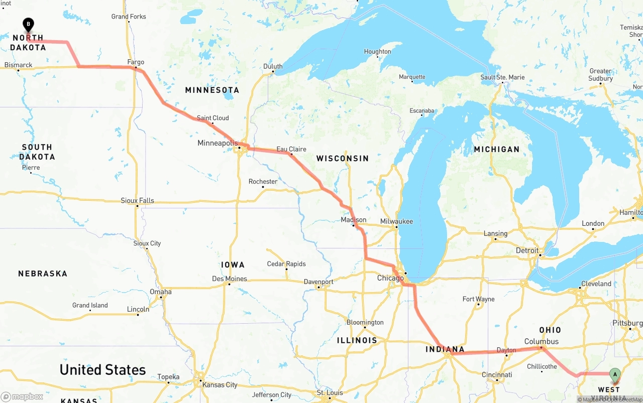 Shipping route from West Virginia to North Dakota