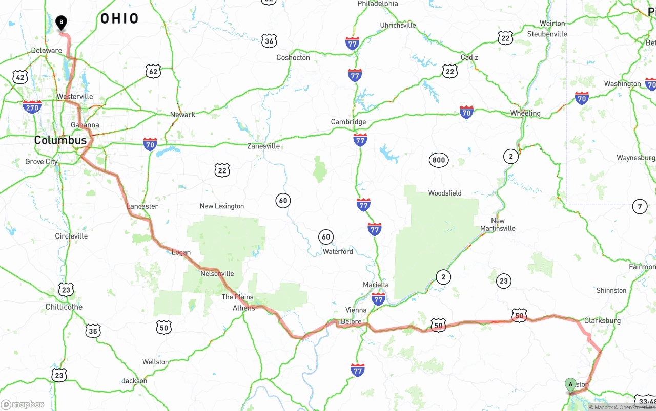 Shipping route from West Virginia to Ohio