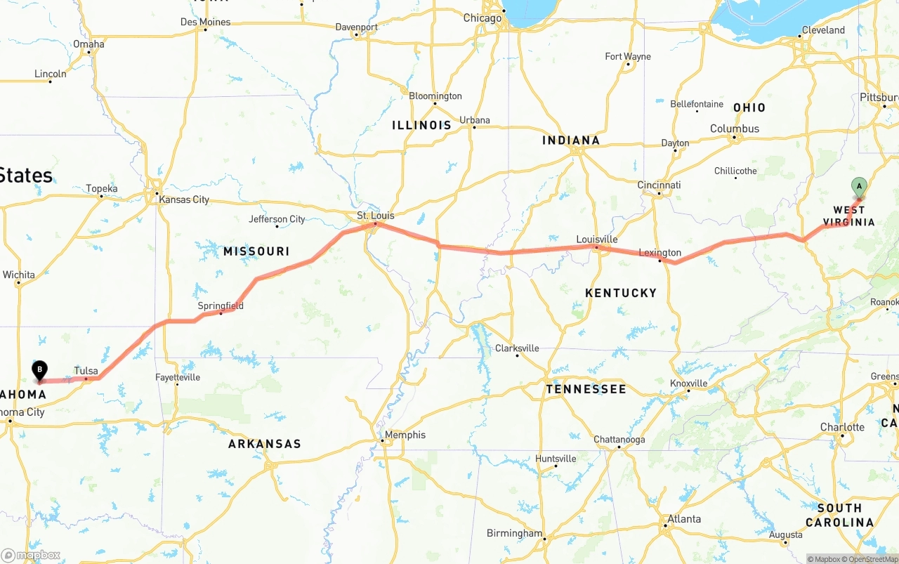 Shipping route from West Virginia to Oklahoma