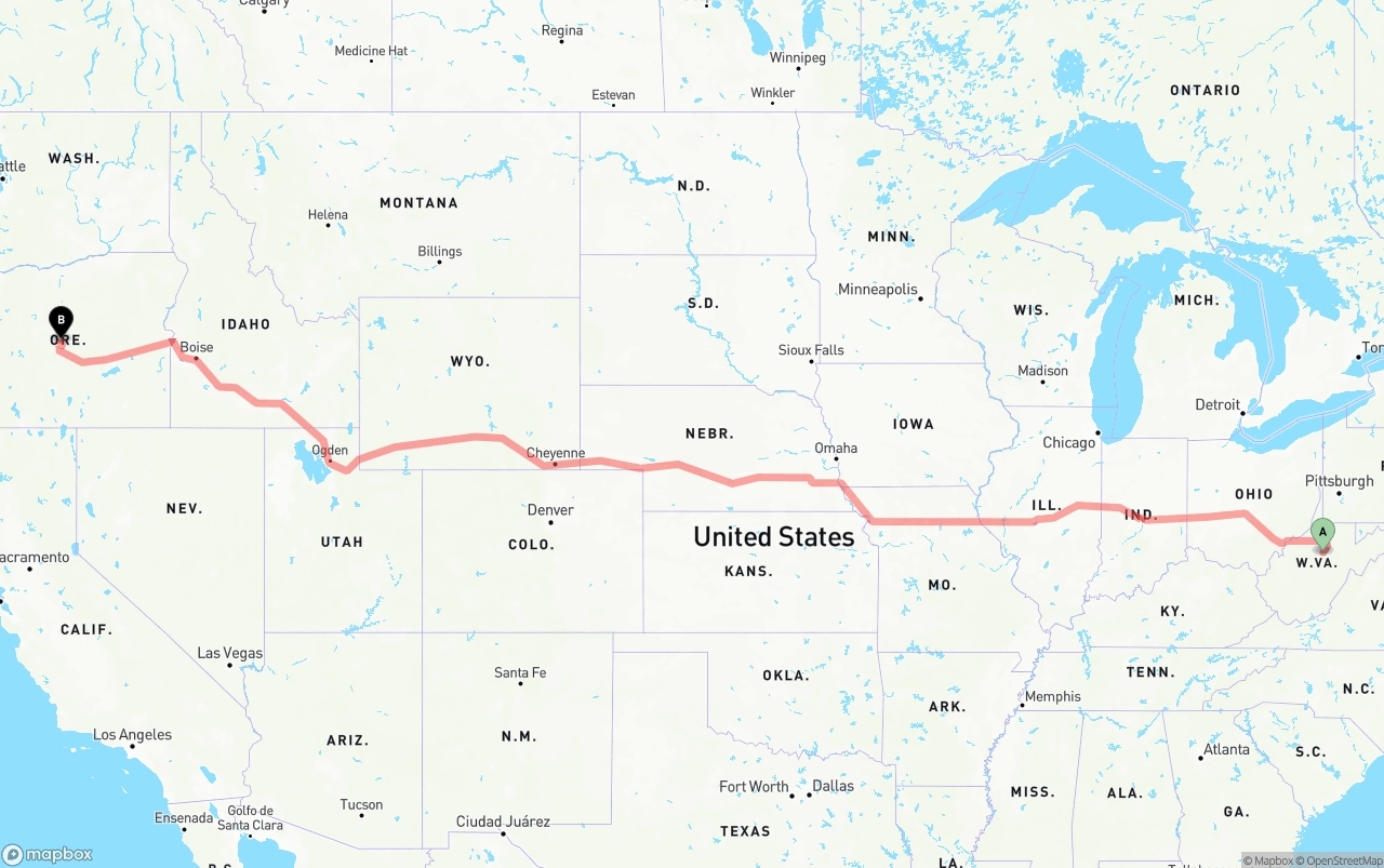 Shipping route from West Virginia to Oregon