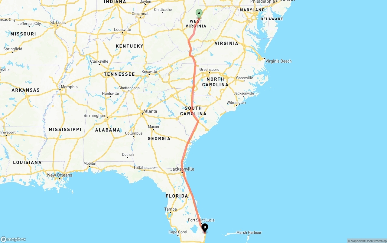 Shipping route from West Virginia to Palm Beach International Airport