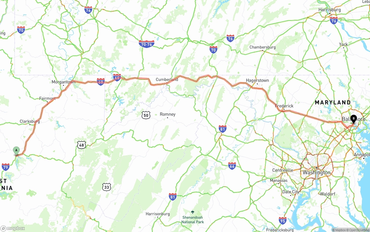 Shipping route from West Virginia to Port of Baltimore
