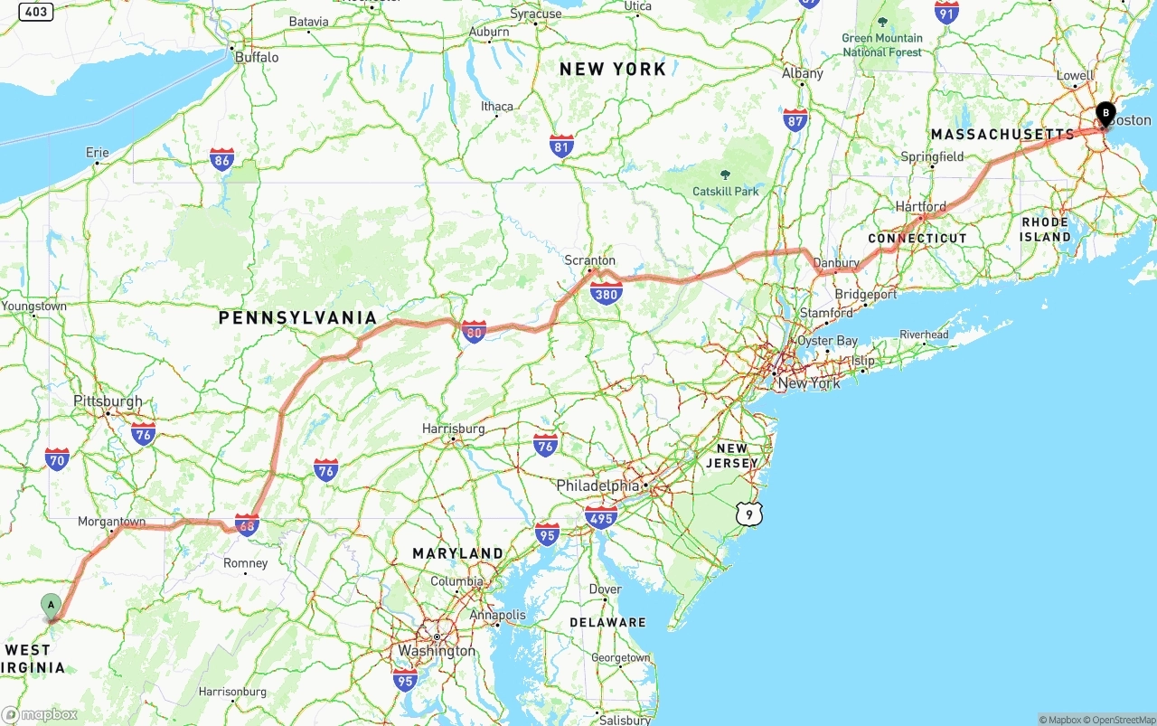 Shipping route from West Virginia to Port of Boston