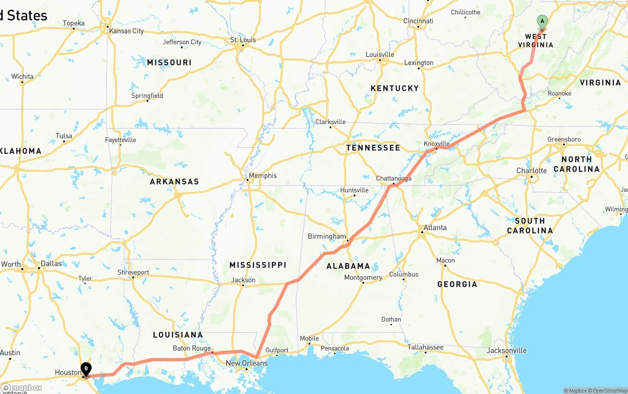 Shipping route from West Virginia to Port of Houston