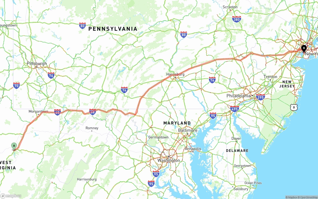 Shipping route from West Virginia to Port of New York