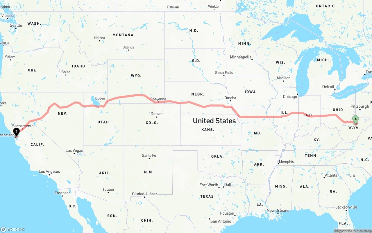 Shipping route from West Virginia to Port of Oakland