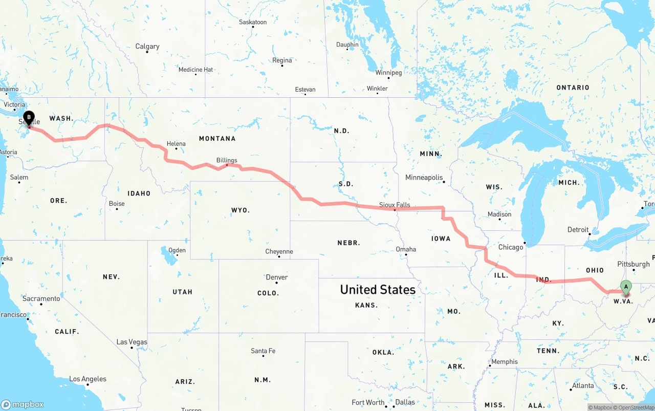 Shipping route from West Virginia to Port of Seattle
