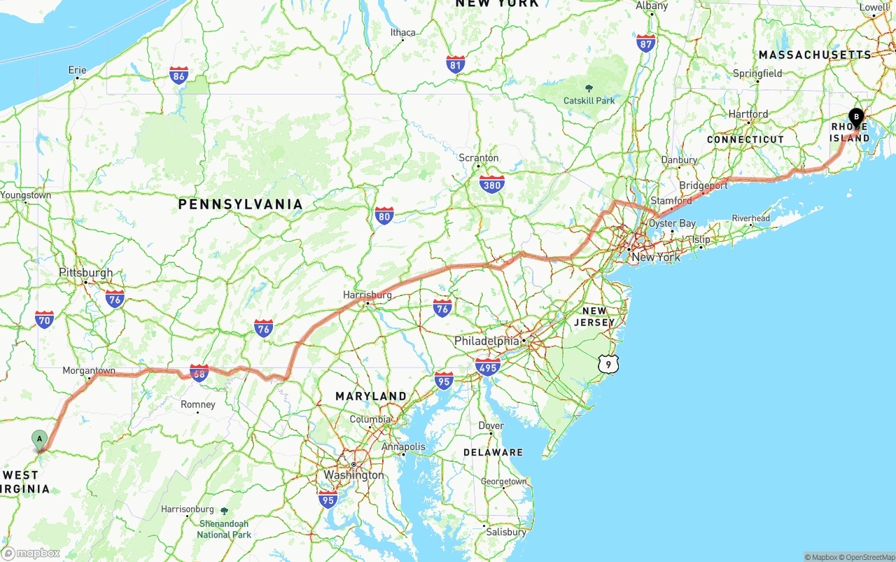 Shipping route from West Virginia to Rhode Island