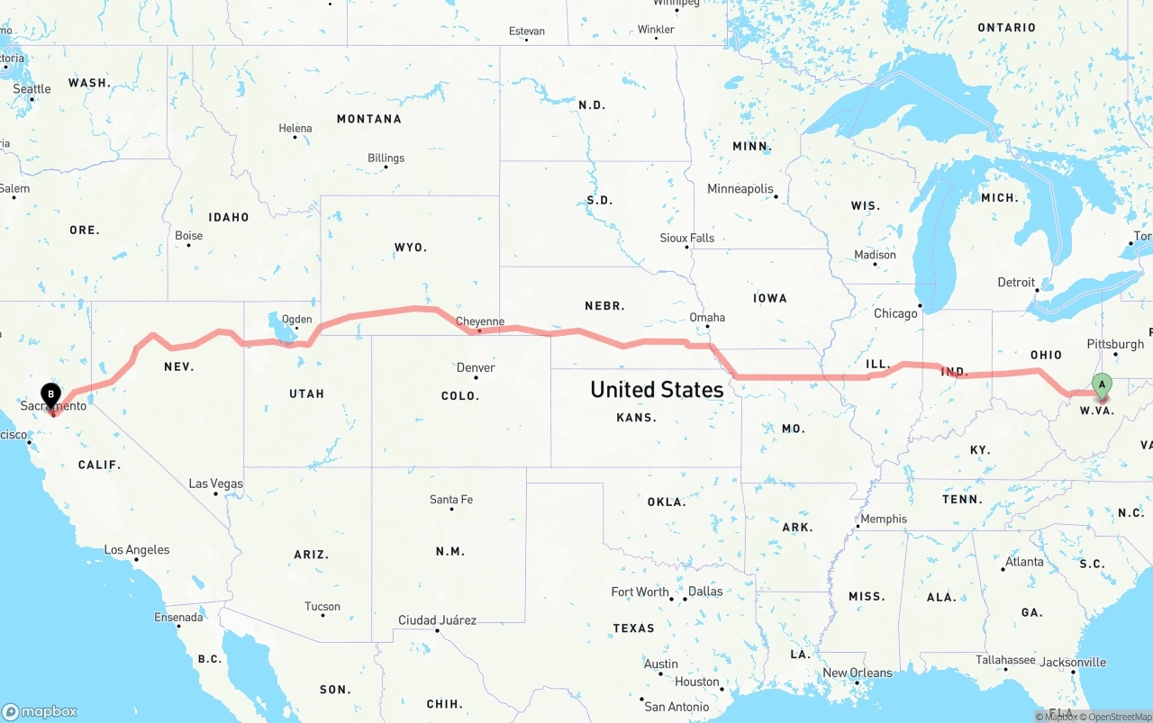 Shipping route from West Virginia to Sacramento International Airport