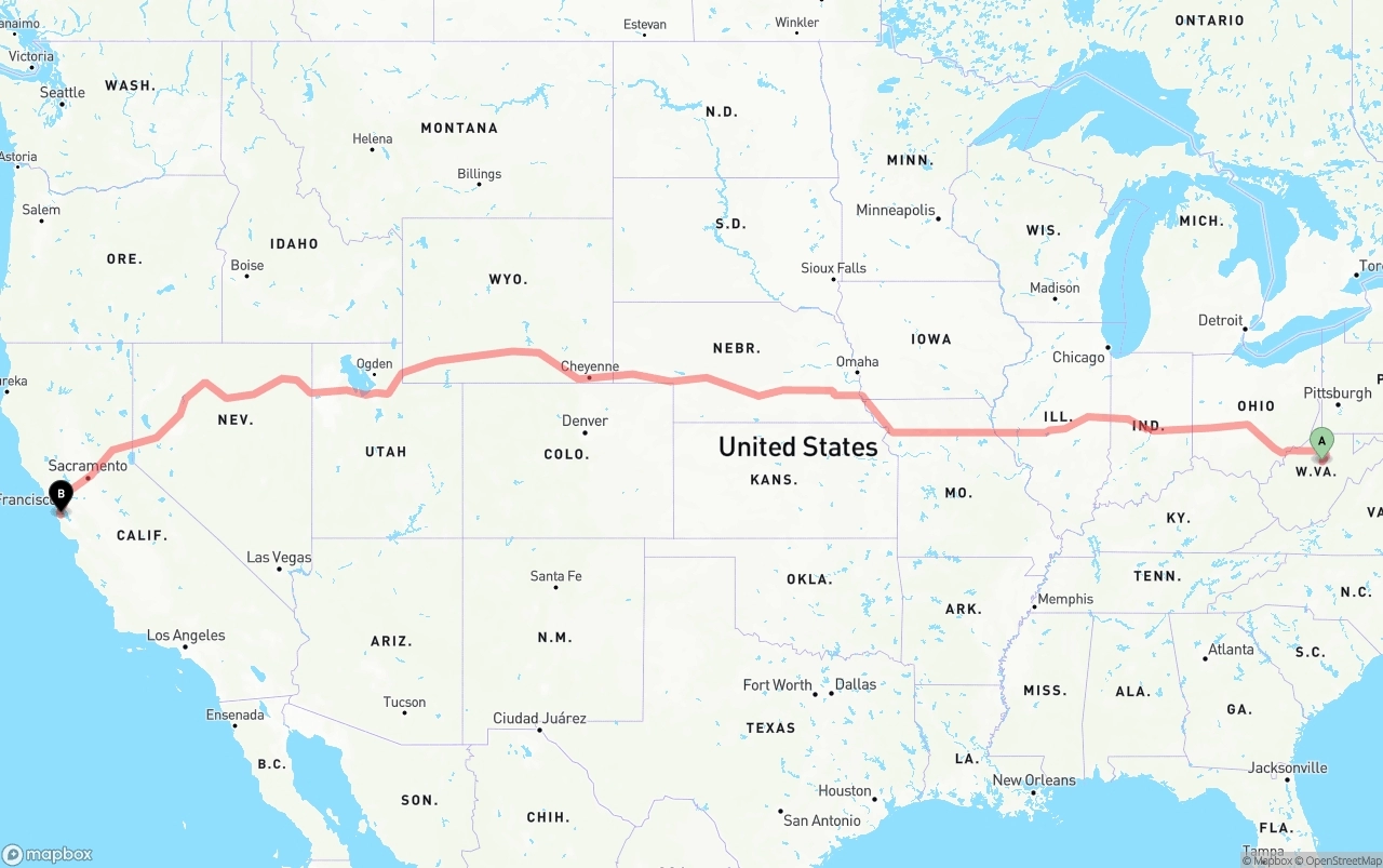 Shipping route from West Virginia to San Francisco International Airport
