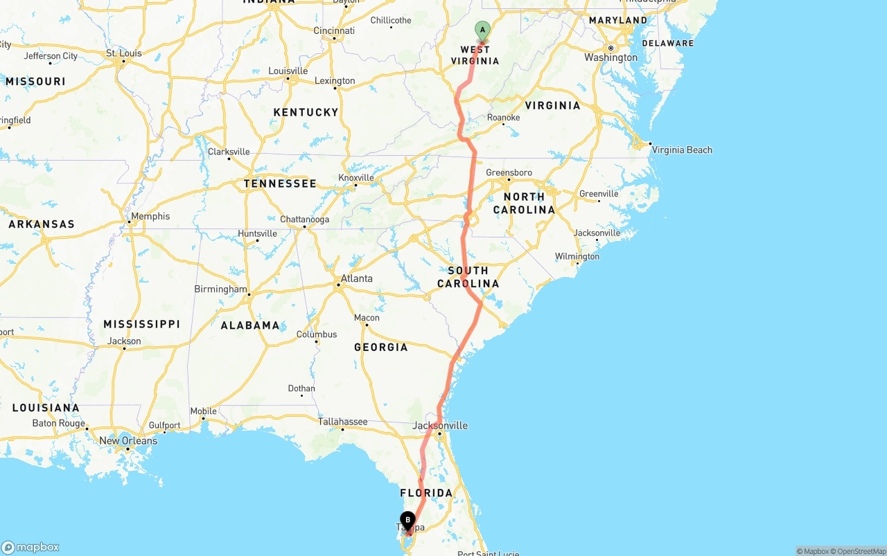 Shipping route from West Virginia to Tampa International Airport