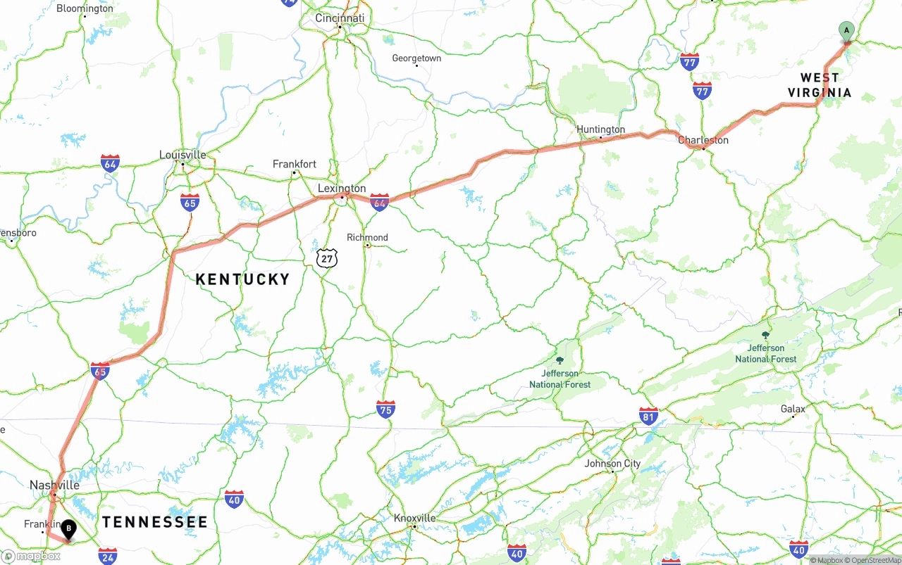 Shipping route from West Virginia to Tennessee