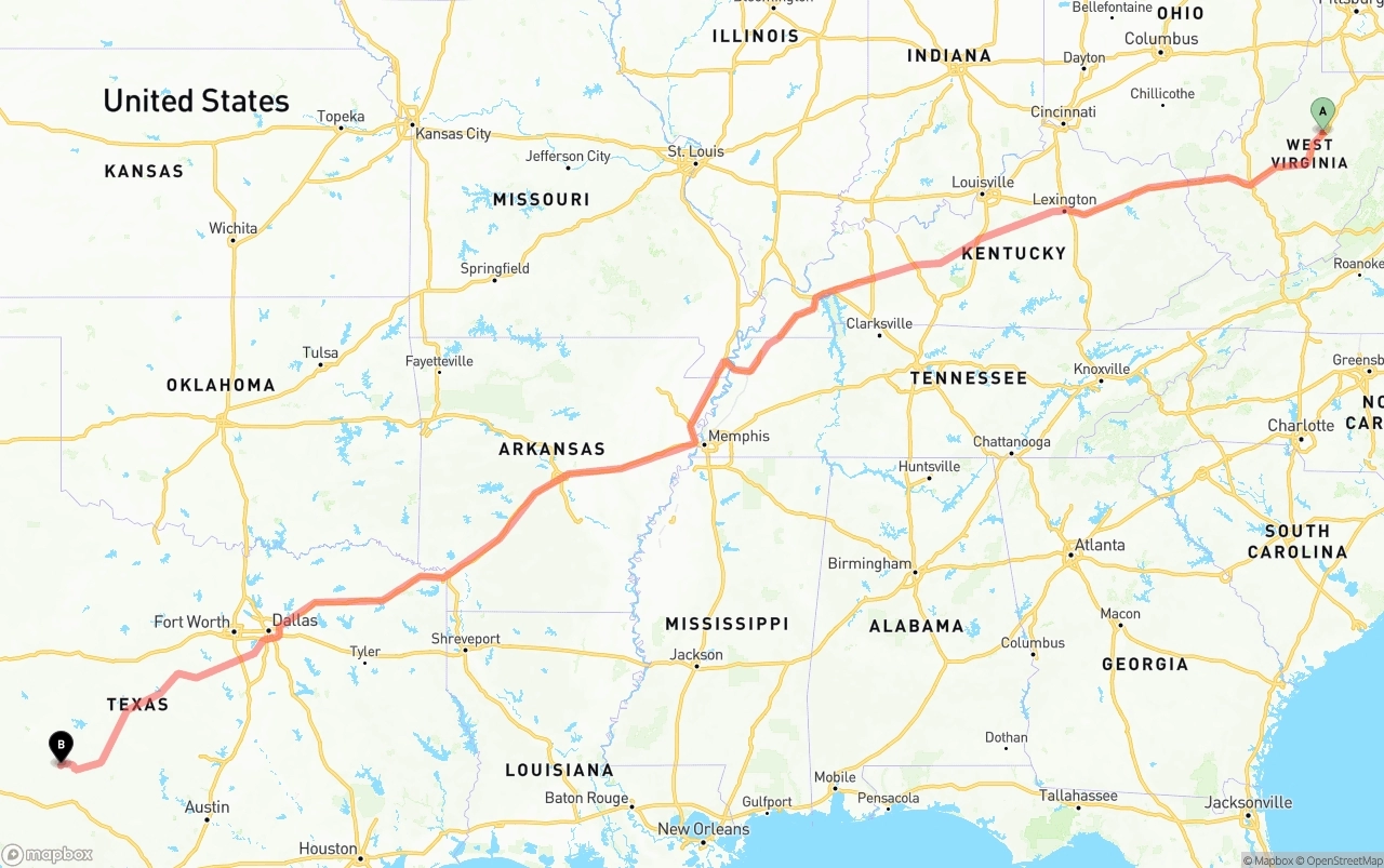Shipping route from West Virginia to Texas