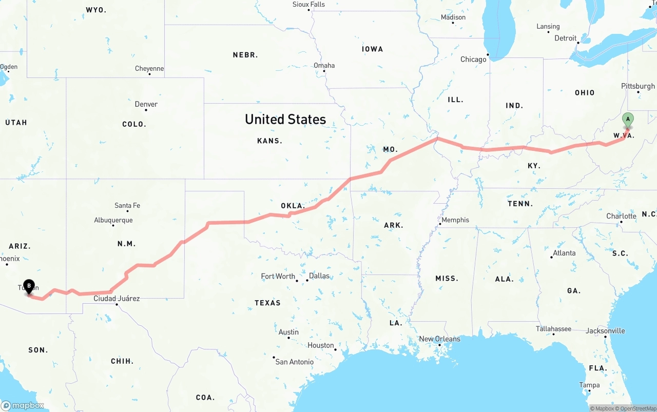 Shipping route from West Virginia to Tucson International Airport