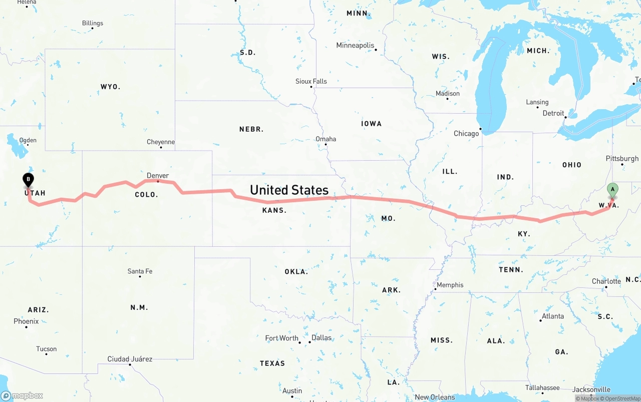 Shipping route from West Virginia to Utah