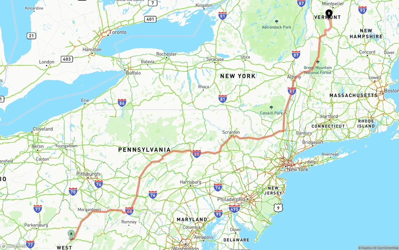 Shipping route from West Virginia to Vermont